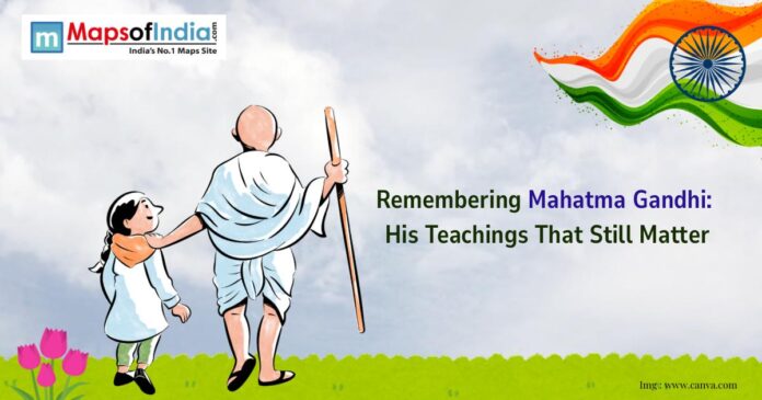 A kid with Gandhi Ji and Flag of India in the other corner