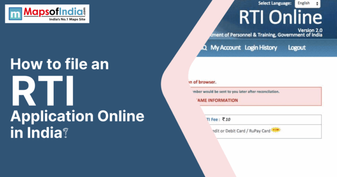 Banner showing a guide on how to file an RTI (Right to Information) application online in India with website interface partially visible.