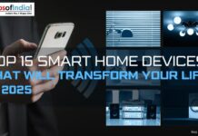 Top 15 Smart Home Devices That Will Transform Your Life in 2025 A person using a smartphone with images of smart home devices like lighting, blinds, speakers, and appliances in the background.
