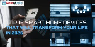Top 15 Smart Home Devices That Will Transform Your Life in 2025 A person using a smartphone with images of smart home devices like lighting, blinds, speakers, and appliances in the background.