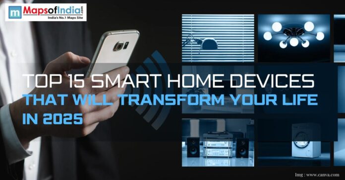 A person using a smartphone with images of smart home devices like lighting, blinds, speakers, and appliances in the background.