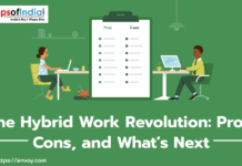 The Hybrid Work Revolution: Pros, Cons, and What’s Next Illustration showing two professionals working in a hybrid setup — one from home and one in an office — with a checklist of pros and cons on a clipboard in the center, representing the concept of “The Hybrid Work Revolution: Pros, Cons, and What’s Next