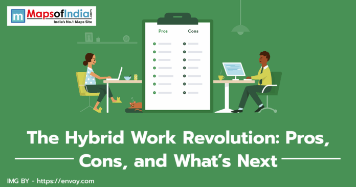 Illustration showing two professionals working in a hybrid setup — one from home and one in an office — with a checklist of pros and cons on a clipboard in the center, representing the concept of “The Hybrid Work Revolution: Pros, Cons, and What’s Next