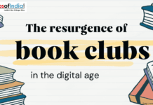 The Resurgence of Book Clubs in the Digital Age Illustrated image with stacks of books and the text “The resurgence of book clubs in the digital age,” representing the revival of reading communities online.