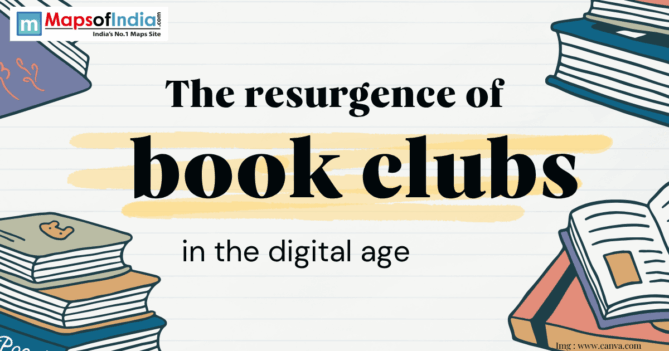 Illustrated image with stacks of books and the text “The resurgence of book clubs in the digital age,” representing the revival of reading communities online.