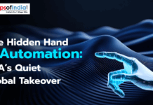The Hidden Hand of Automation: RPA’s Quiet Global Takeover A robotic hand reaching out over a dark blue wave-like digital background, with text highlighting automation and RPA's global impact.