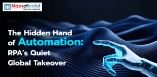 The Hidden Hand of Automation: RPA’s Quiet Global Takeover A robotic hand reaching out over a dark blue wave-like digital background, with text highlighting automation and RPA's global impact.
