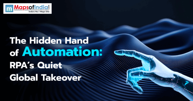 A robotic hand reaching out over a dark blue wave-like digital background, with text highlighting automation and RPA's global impact.