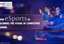 How eSports is Becoming the Future of Competitive Gaming A group of gamers in headphones compete at computers in a dimly lit setting, with the text "How eSports is becoming the future of competitive gaming" displayed.