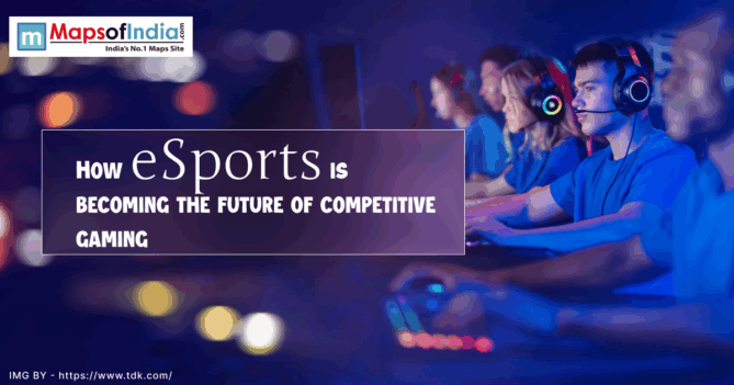 A group of gamers in headphones compete at computers in a dimly lit setting, with the text "How eSports is becoming the future of competitive gaming" displayed.