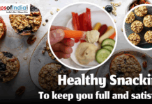 Healthy Snacking: To Keep You Full and Satisfied Baked oatmeal cups with blueberries, a hand dipping a carrot stick into hummus surrounded by other vegetable slices, and a close-up of oatmeal cookies on a cooling rack, illustrating healthy snacking.