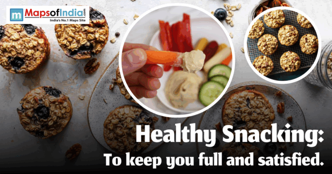 Baked oatmeal cups with blueberries, a hand dipping a carrot stick into hummus surrounded by other vegetable slices, and a close-up of oatmeal cookies on a cooling rack, illustrating healthy snacking.