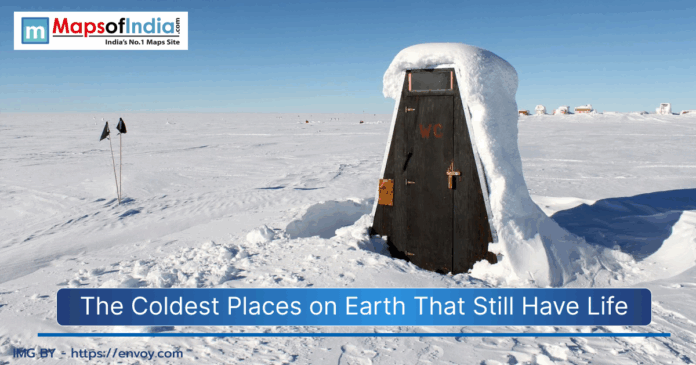 A view of area filled with snow and highlighting the coldest places on earth