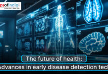 The Future of Health: Advances in Early Disease Detection Tech Digital medical screens display human skeletal and brain scans, highlighting advancements in early disease detection technology.