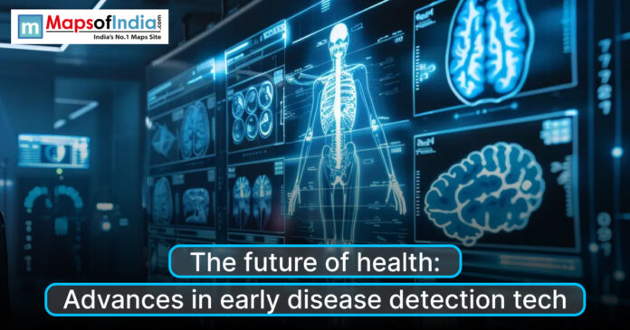 Digital medical screens display human skeletal and brain scans, highlighting advancements in early disease detection technology.