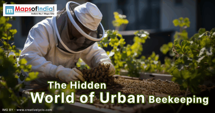 Beekeeper in protective gear inspecting a hive on a rooftop garden surrounded by green plants.