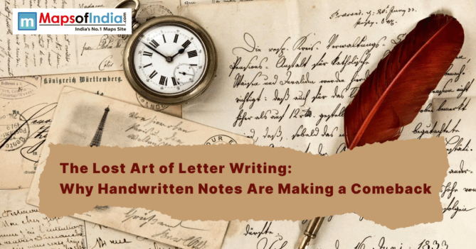 Vintage handwritten letters with an old pocket watch and a red feather quill, overlaid with the text "The Lost Art of Letter Writing: Why Handwritten Notes Are Making a Comeback."