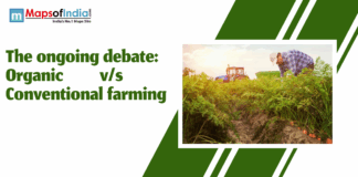 The Ongoing Debate: Organic vs Conventional Farming A farmer working in a lush green field with a tractor in the background, illustrating the debate between organic and conventional farming methods.