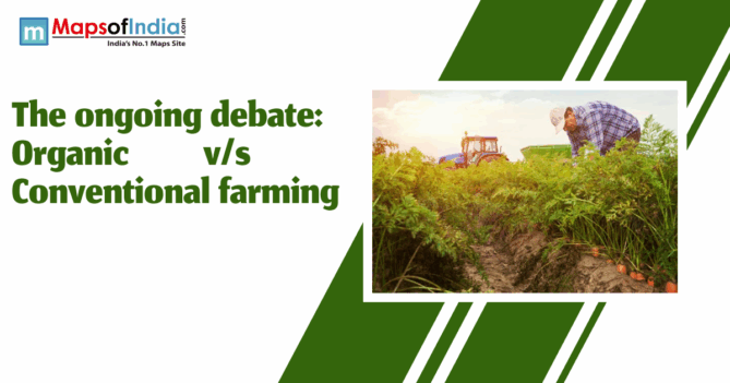 A farmer working in a lush green field with a tractor in the background, illustrating the debate between organic and conventional farming methods.