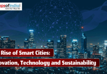 The Rise of Smart Cities: Innovation, Technology and Sustainability A futuristic city skyline at night illuminated with bright lights and digital network graphics representing connectivity and technology, featuring the title “The Rise of Smart Cities: Innovation, Technology and Sustainability”