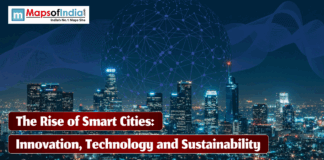 The Rise of Smart Cities: Innovation, Technology and Sustainability A futuristic city skyline at night illuminated with bright lights and digital network graphics representing connectivity and technology, featuring the title “The Rise of Smart Cities: Innovation, Technology and Sustainability”