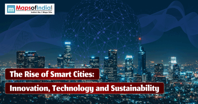 A futuristic city skyline at night illuminated with bright lights and digital network graphics representing connectivity and technology, featuring the title “The Rise of Smart Cities: Innovation, Technology and Sustainability”