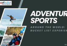 Adventure Sports Around the World: Bucket List Experiences Two photos of adventure sports—one of a man surfing a wave mid-air and another of a person kayaking in white-water rapids, with text "ADVENTURE SPORTS Around the world: Bucket list experiences."