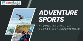 Adventure Sports Around the World: Bucket List Experiences Two photos of adventure sports—one of a man surfing a wave mid-air and another of a person kayaking in white-water rapids, with text "ADVENTURE SPORTS Around the world: Bucket list experiences."