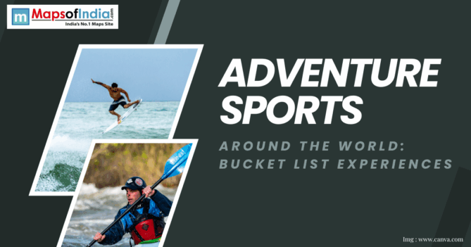 Two photos of adventure sports—one of a man surfing a wave mid-air and another of a person kayaking in white-water rapids, with text "ADVENTURE SPORTS Around the world: Bucket list experiences."