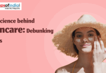 The Science behind Skincare: Debunking Myths A woman wearing a sun hat applies sunscreen on her face against a pink background, with the text “The Science behind Skincare: Debunking Myths” and the Maps of India logo.