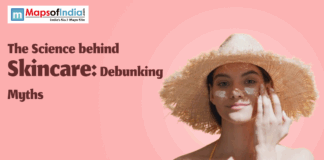 The Science behind Skincare: Debunking Myths A woman wearing a sun hat applies sunscreen on her face against a pink background, with the text “The Science behind Skincare: Debunking Myths” and the Maps of India logo.