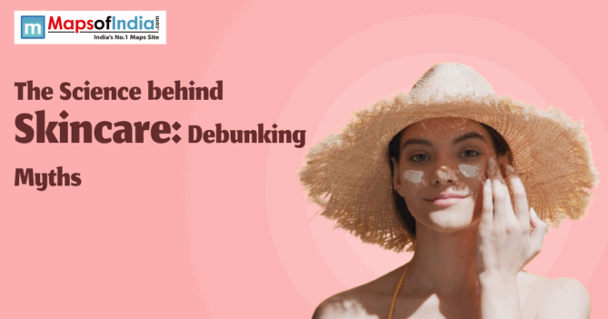 A woman wearing a sun hat applies sunscreen on her face against a pink background, with the text “The Science behind Skincare: Debunking Myths” and the Maps of India logo.