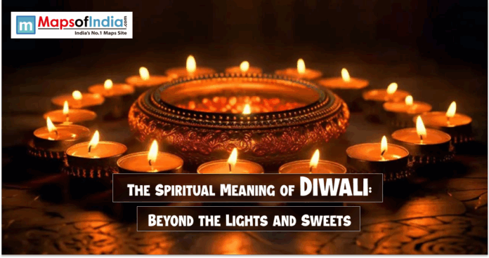 Lit oil lamps arranged around a decorative diya create a warm glow, symbolizing the spiritual essence of Diwali and the triumph of light over darkness.