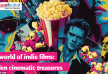 The World of Indie Films: Hidden Cinematic Treasures Colorful pop-art collage featuring indie film characters, popcorn, and cinematic elements with the text “The world of indie films: Hidden cinematic treasures,” representing a blog about independent cinema.