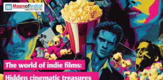 The World of Indie Films: Hidden Cinematic Treasures Colorful pop-art collage featuring indie film characters, popcorn, and cinematic elements with the text “The world of indie films: Hidden cinematic treasures,” representing a blog about independent cinema.