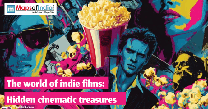 Colorful pop-art collage featuring indie film characters, popcorn, and cinematic elements with the text “The world of indie films: Hidden cinematic treasures,” representing a blog about independent cinema.