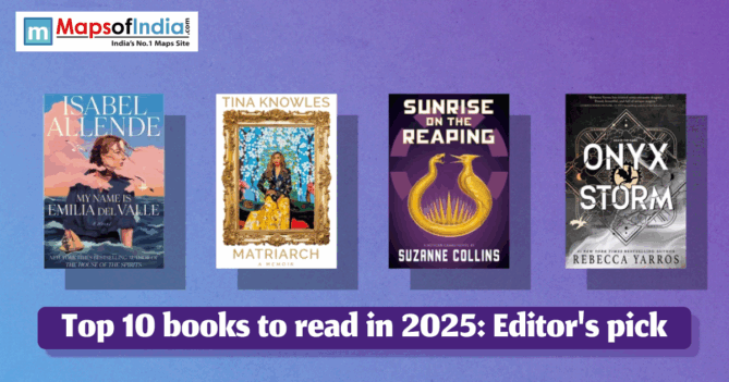 Top 10 books to read in 2025: Editor’s pick featuring covers of books by Isabel Allende, Tina Knowles, Suzanne Collins, and Rebecca Yarros.