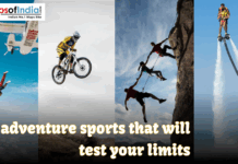 10 Adventure Sports That Will Test Your Limits Collage showing people skydiving, mountain biking, rock climbing, and flyboarding with the text '10 adventure sports that will test your limits' and the Maps of India logo.