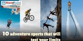 10 Adventure Sports That Will Test Your Limits Collage showing people skydiving, mountain biking, rock climbing, and flyboarding with the text '10 adventure sports that will test your limits' and the Maps of India logo.