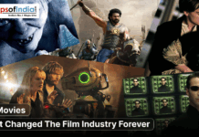 10 Movies That Changed The Film Industry Forever A collage featuring iconic scenes from movies such as The Lord of the Rings, Baahubali, Titanic, The Matrix, and an animated robot film, overlaid with the text "10 Movies That Changed The Film Industry Forever" and the Maps of India logo.