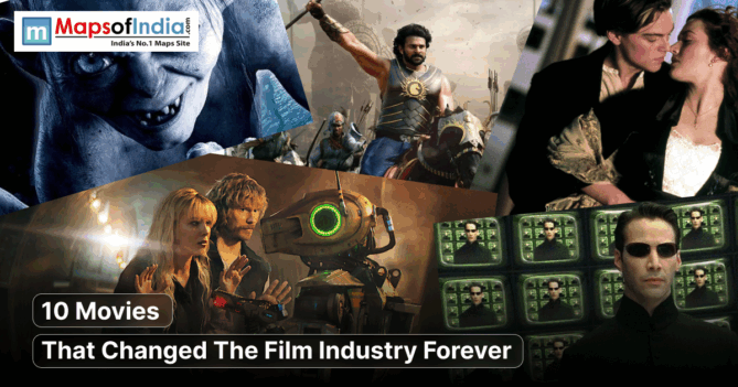 A collage featuring iconic scenes from movies such as The Lord of the Rings, Baahubali, Titanic, The Matrix, and an animated robot film, overlaid with the text "10 Movies That Changed The Film Industry Forever" and the Maps of India logo.