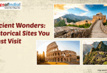 Ancient Wonders Historical Sites You Must Visit An image collage showcasing famous ancient wonders including the Great Wall of China, the Colosseum in Rome, and Machu Picchu, with the title “Ancient Wonders: Historical Sites You Must Visit”