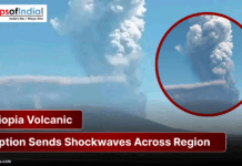 Ethiopia Volcanic Eruption Sends Shockwaves Across Region A large plume of ash and smoke rises into the sky from a volcanic eruption in Ethiopia, with a highlighted circular inset showing a closer view of the eruption, accompanied by headline text from Maps of India.