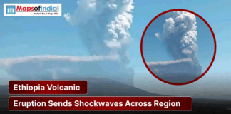 Ethiopia Volcanic Eruption Sends Shockwaves Across Region A large plume of ash and smoke rises into the sky from a volcanic eruption in Ethiopia, with a highlighted circular inset showing a closer view of the eruption, accompanied by headline text from Maps of India.