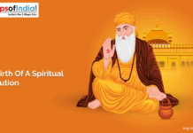 Guru Nanak Jayanti: The Birth of a Spiritual Revolution Illustration of Guru Nanak Dev Ji sitting in a meditative pose with a serene expression, wearing saffron and brown robes, with the Golden Temple in the background and text reading “The Birth Of A Spiritual Revolution” on an orange backdrop.