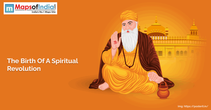 Guru Nanak Jayanti_ The Birth of a Spiritual Revolution Illustration of Guru Nanak Dev Ji sitting in a meditative pose with a serene expression, wearing saffron and brown robes, with the Golden Temple in the background and text reading “The Birth Of A Spiritual Revolution” on an orange backdrop.