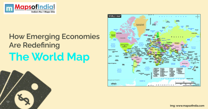 World map highlighting global nations with a title “How Emerging Economies Are Redefining the World Map,” showing economic growth and global influence.