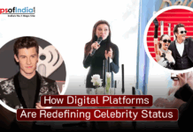 How Digital Platforms Are Redefining Celebrity Status A collage showing celebrities and influencers at public events, symbolizing how digital platforms and social media are redefining modern celebrity status.