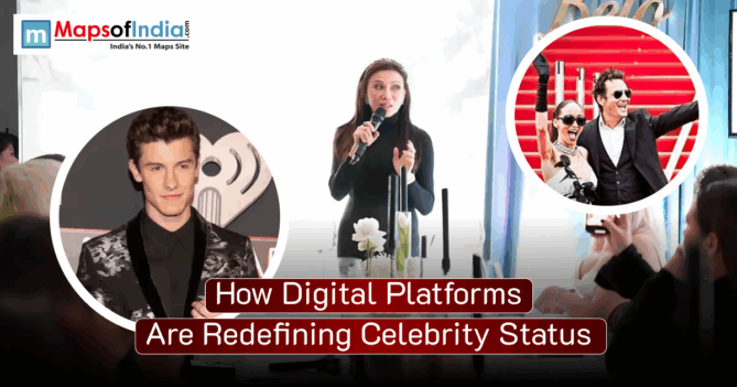 A collage showing celebrities and influencers at public events, symbolizing how digital platforms and social media are redefining modern celebrity status.