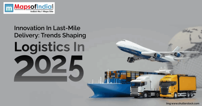 Image showing logistics transportation including airplane, cargo ship, and trucks with the title “Innovation in Last-Mile Delivery: Trends Shaping Logistics in 2025.”
